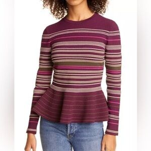 Ted Baker London Leytina Striped Peplum Burgundy Sweater SZ 2